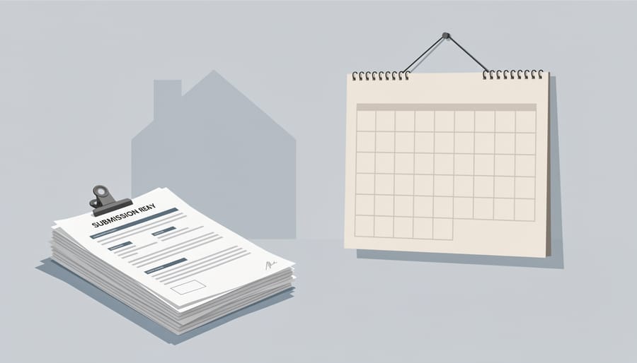Top-down view of documents and a blank calendar on a desk