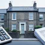 Calculator and tax paperwork beside a UK terraced house exterior, representing capital gains tax rules for property sales.