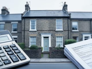 Calculator and tax paperwork beside a UK terraced house exterior, representing capital gains tax rules for property sales.