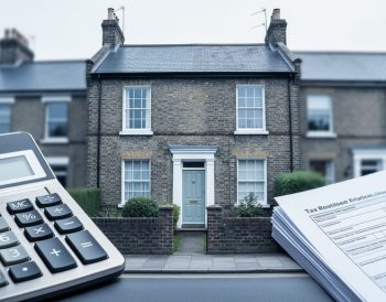 Calculator and tax paperwork beside a UK terraced house exterior, representing capital gains tax rules for property sales.