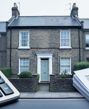 Calculator and tax paperwork beside a UK terraced house exterior, representing capital gains tax rules for property sales.