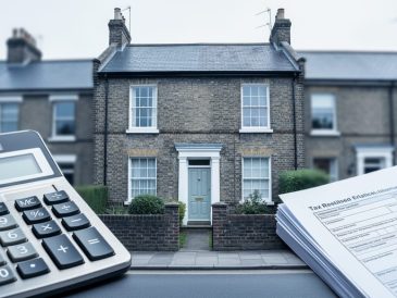 Calculator and tax paperwork beside a UK terraced house exterior, representing capital gains tax rules for property sales.