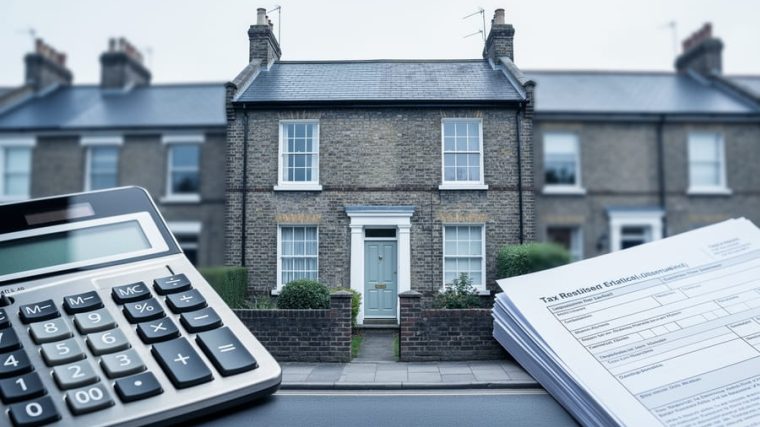 Calculator and tax paperwork beside a UK terraced house exterior, representing capital gains tax rules for property sales.