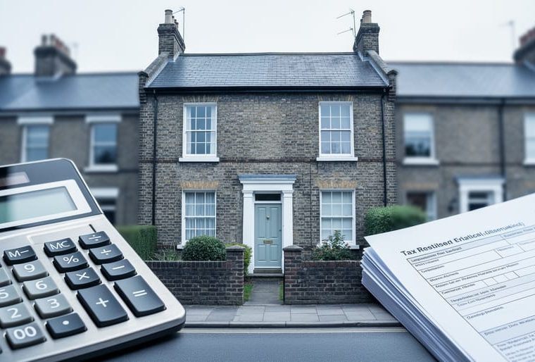Calculator and tax paperwork beside a UK terraced house exterior, representing capital gains tax rules for property sales.