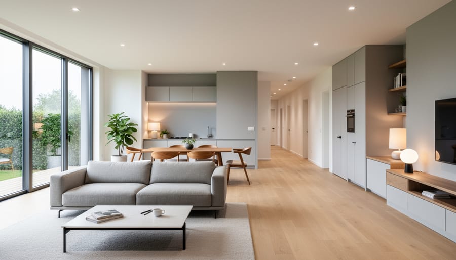 Wide view of a contemporary open-plan living space with minimalist furniture and floor-to-ceiling windows