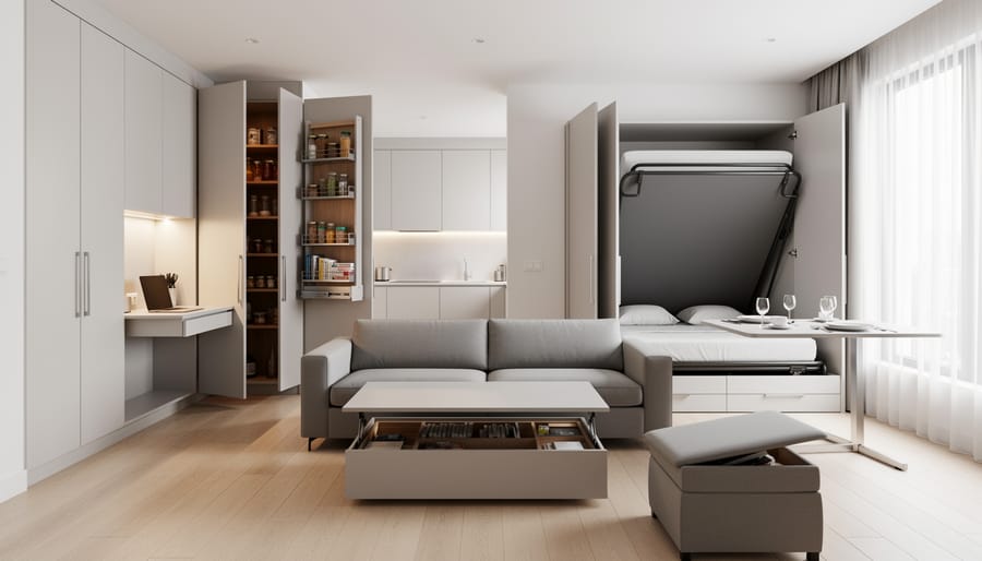 Compact contemporary apartment interior showing integrated storage, multifunctional table, and minimalist modern finishes