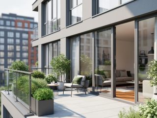 Contemporary apartment exterior and interior showing floor-to-ceiling windows and a balcony terrace garden with modern clean-lined design.