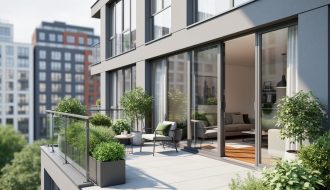 Contemporary apartment exterior and interior showing floor-to-ceiling windows and a balcony terrace garden with modern clean-lined design.