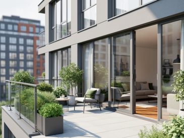 Contemporary apartment exterior and interior showing floor-to-ceiling windows and a balcony terrace garden with modern clean-lined design.