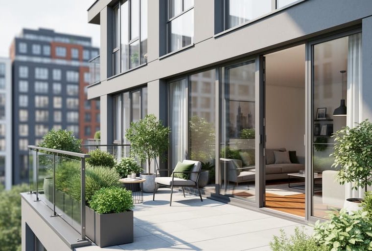 Contemporary apartment exterior and interior showing floor-to-ceiling windows and a balcony terrace garden with modern clean-lined design.
