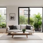 Bright contemporary apartment living space with floor-to-ceiling windows, neutral furnishings, and an open connection to a small balcony with greenery.