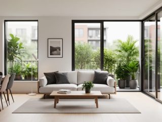 Bright contemporary apartment living space with floor-to-ceiling windows, neutral furnishings, and an open connection to a small balcony with greenery.