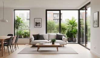 Bright contemporary apartment living space with floor-to-ceiling windows, neutral furnishings, and an open connection to a small balcony with greenery.