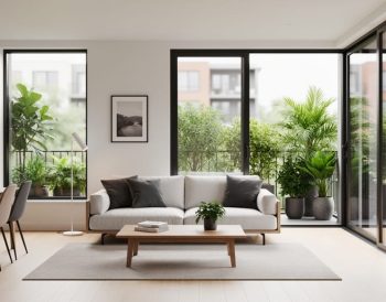 Bright contemporary apartment living space with floor-to-ceiling windows, neutral furnishings, and an open connection to a small balcony with greenery.