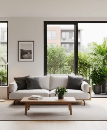 Bright contemporary apartment living space with floor-to-ceiling windows, neutral furnishings, and an open connection to a small balcony with greenery.