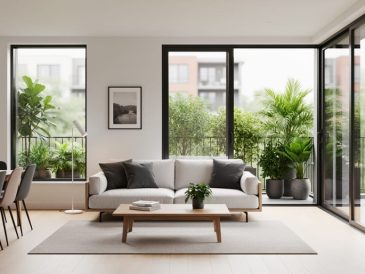 Bright contemporary apartment living space with floor-to-ceiling windows, neutral furnishings, and an open connection to a small balcony with greenery.