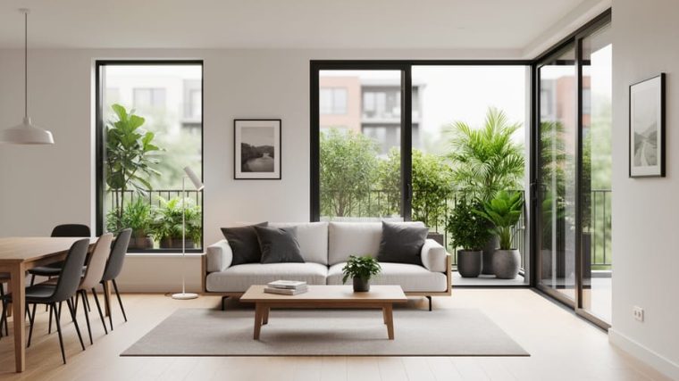 Bright contemporary apartment living space with floor-to-ceiling windows, neutral furnishings, and an open connection to a small balcony with greenery.