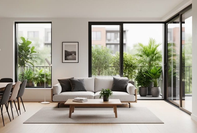 Bright contemporary apartment living space with floor-to-ceiling windows, neutral furnishings, and an open connection to a small balcony with greenery.