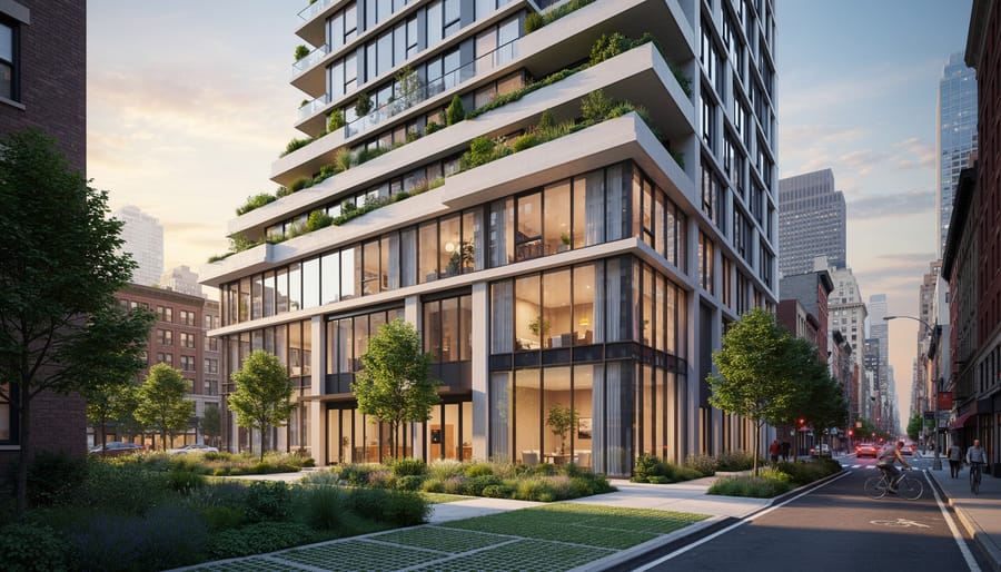 Contemporary apartment building facade with large windows, varied panel textures, and landscaped green roof under a cloudy sky.