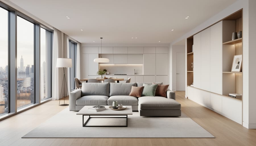 Bright contemporary apartment living room with floor-to-ceiling windows, neutral furnishings, and an open kitchen in view