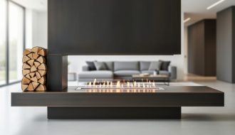 Contemporary linear gas fireplace with a black steel surround and floating hearth in a modern living room setting.