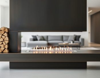 Contemporary linear gas fireplace with a black steel surround and floating hearth in a modern living room setting.