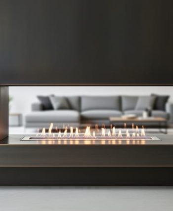 Contemporary linear gas fireplace with a black steel surround and floating hearth in a modern living room setting.