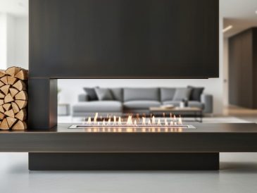 Contemporary linear gas fireplace with a black steel surround and floating hearth in a modern living room setting.