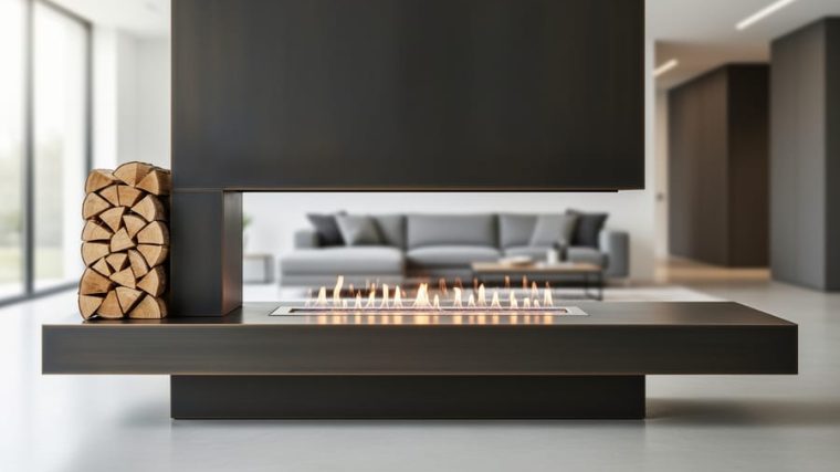 Contemporary linear gas fireplace with a black steel surround and floating hearth in a modern living room setting.