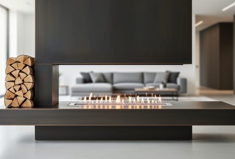 Contemporary linear gas fireplace with a black steel surround and floating hearth in a modern living room setting.