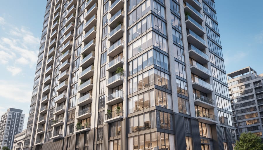 Contemporary apartment high-rise exterior with glass facade, stacked balconies, and sky garden at golden hour