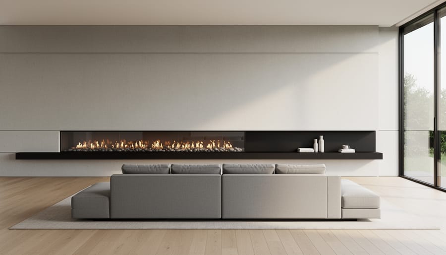 Eye-level view of a contemporary living room featuring a wall-mounted linear fireplace focal point with sleek surround and minimal decor.
