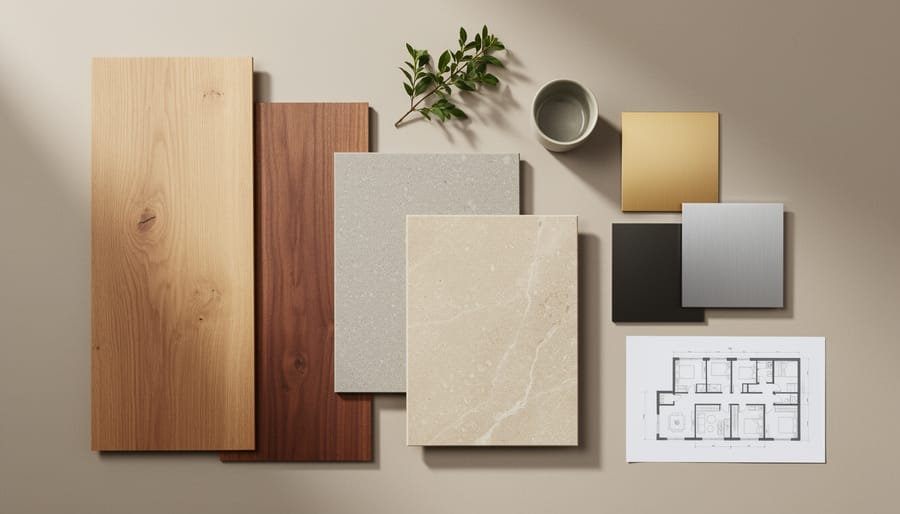Close-up view of tactile wood slats, stone countertop, and brushed metal fixture in a contemporary apartment interior.