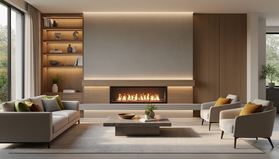 Modern living space featuring a floating mantel-less fireplace with integrated niche details and subtle accent lighting.