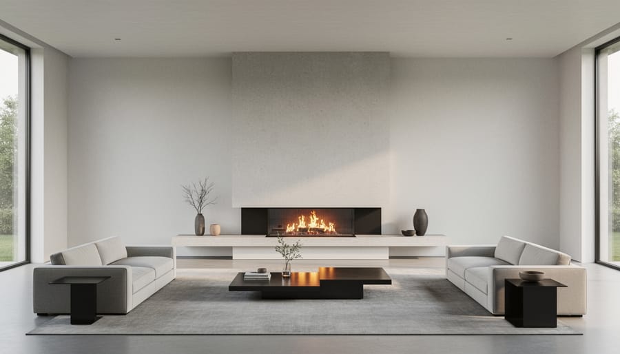 Angled view of a contemporary fireplace surround showing clean negative space, textured stone, and subtle metal accents with warm flame light.