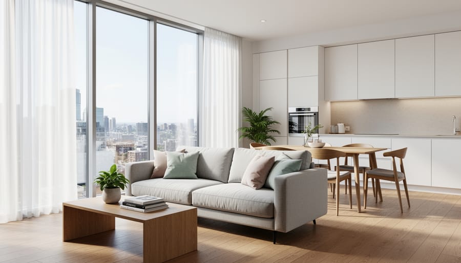 Bright contemporary open-plan living room with a kitchen, floor-to-ceiling windows, and modern built-in cabinetry.