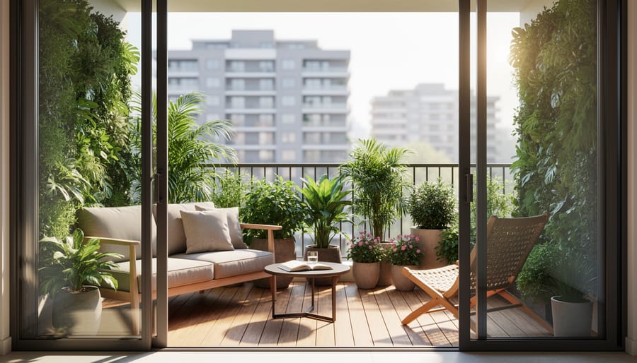 Person relaxing on a contemporary apartment balcony with potted herbs and outdoor seating in warm golden hour light.