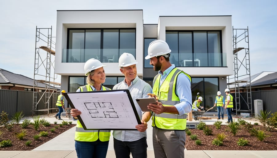 Architect and homeowner reviewing plans on a residential construction site