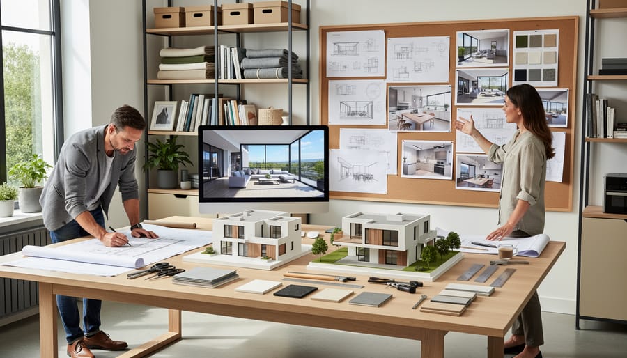 Sketchbook and site model on a wooden desk in an architectural studio