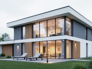 Contemporary single-family home exterior with large windows and a modern patio blending indoor and outdoor spaces.