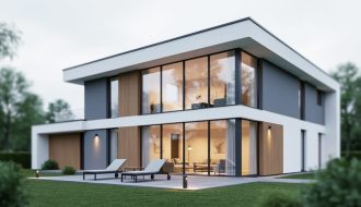 Contemporary single-family home exterior with large windows and a modern patio blending indoor and outdoor spaces.