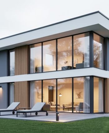 Contemporary single-family home exterior with large windows and a modern patio blending indoor and outdoor spaces.