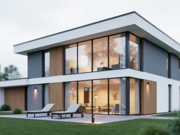 Contemporary single-family home exterior with large windows and a modern patio blending indoor and outdoor spaces.