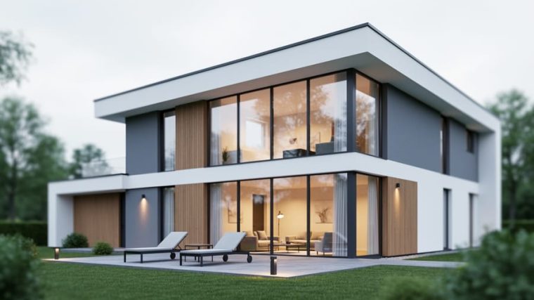 Contemporary single-family home exterior with large windows and a modern patio blending indoor and outdoor spaces.