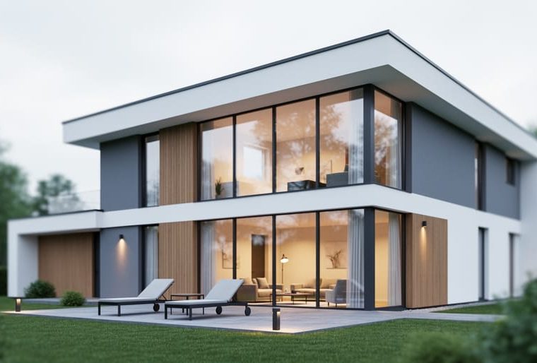 Contemporary single-family home exterior with large windows and a modern patio blending indoor and outdoor spaces.