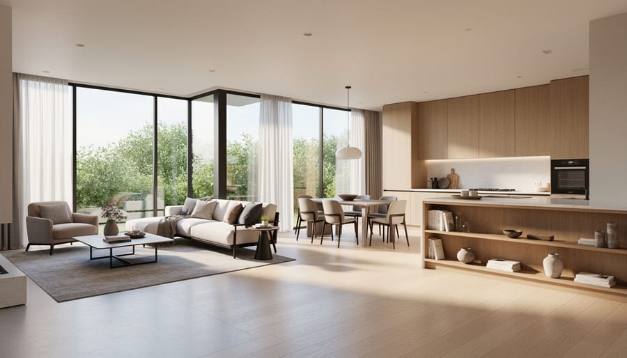 Modern residential interior with floor-to-ceiling windows and clean-lined kitchen