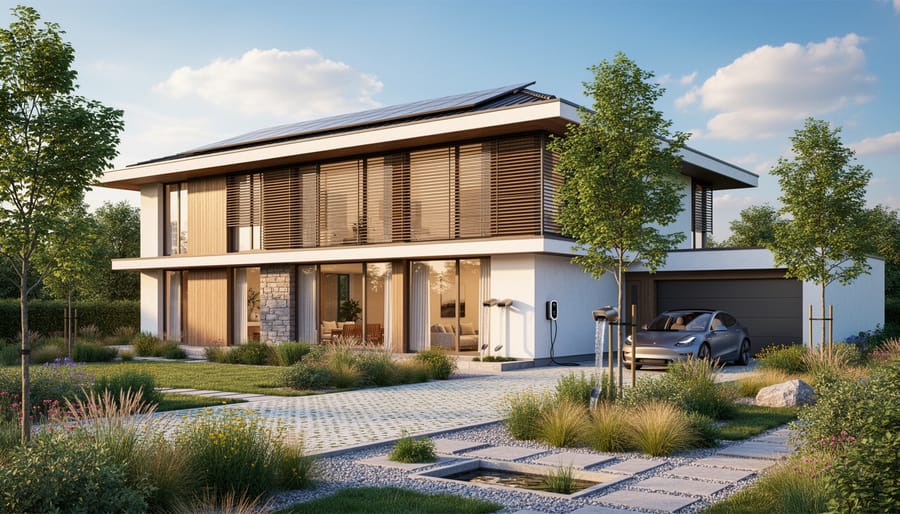 Sustainable contemporary house with integrated solar panels and native landscaping