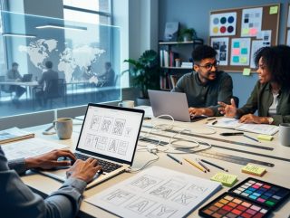 A modern design studio with professionals collaborating on laptops and sketches, with a subtle cross-border reflection suggesting international creative teamwork.
