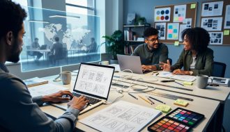 A modern design studio with professionals collaborating on laptops and sketches, with a subtle cross-border reflection suggesting international creative teamwork.
