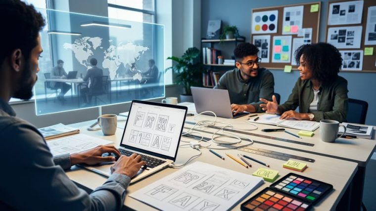 A modern design studio with professionals collaborating on laptops and sketches, with a subtle cross-border reflection suggesting international creative teamwork.